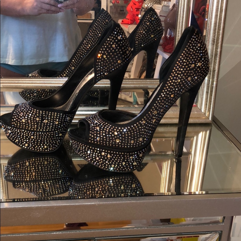 Rhinestone encrusted peep toe heels Bakers